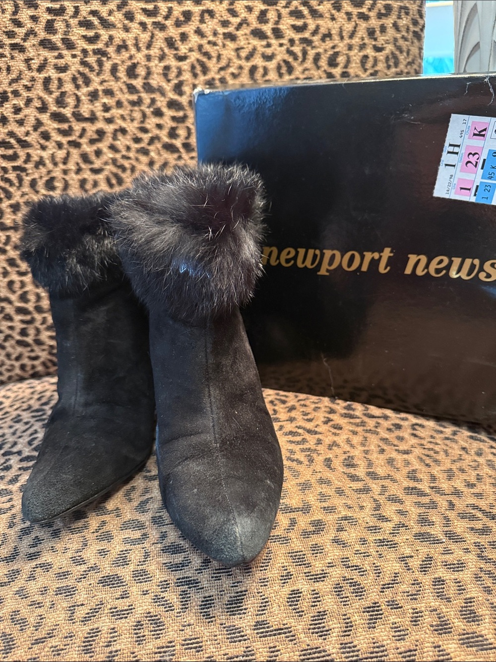 Newport News Black Suede Fur-Trim Ankle Boots - Women's. 1” heel.